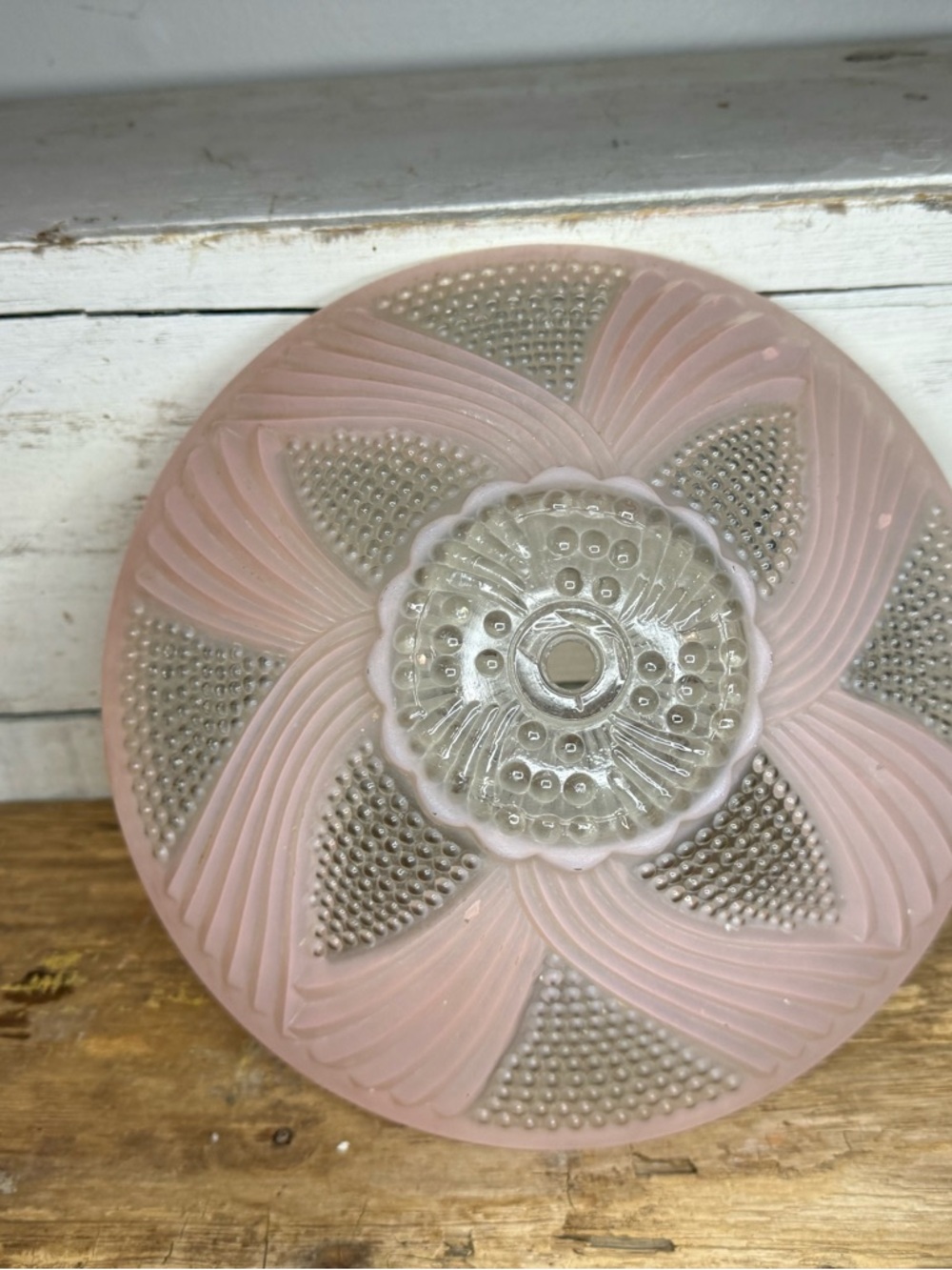 Vintage Art Deco Ceiling Light Glass Shade Pink & Clear Hobnail 11" Round